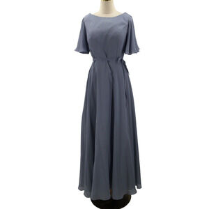 FORMAL PARTY 10 L slate blue boat neck faux wrap bridesmaid maxi dress NEW b144